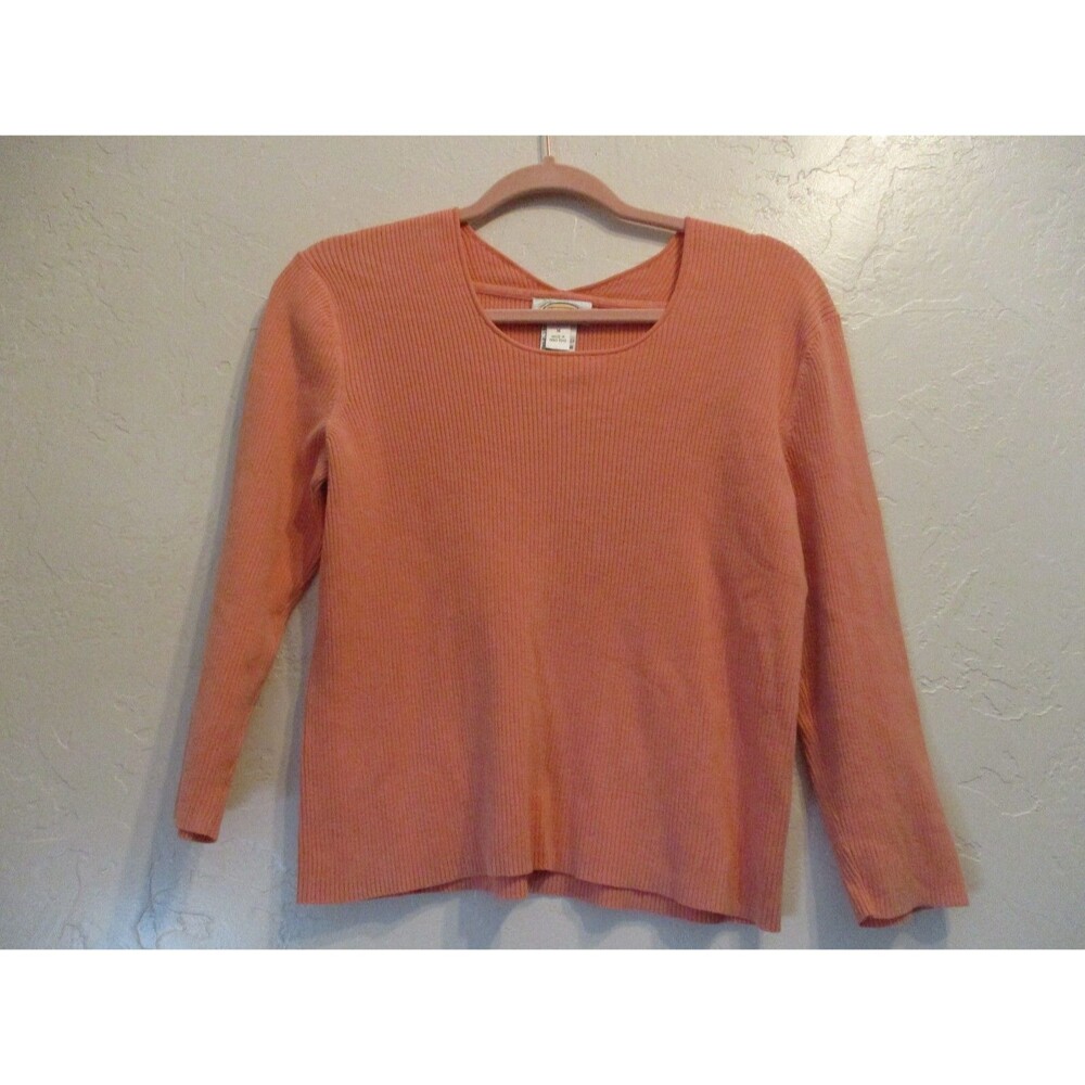 Talbots Women’s 3/4 Sleeve Ribbed Knit Top Size M Peach Coral Scoop Neck Stretch